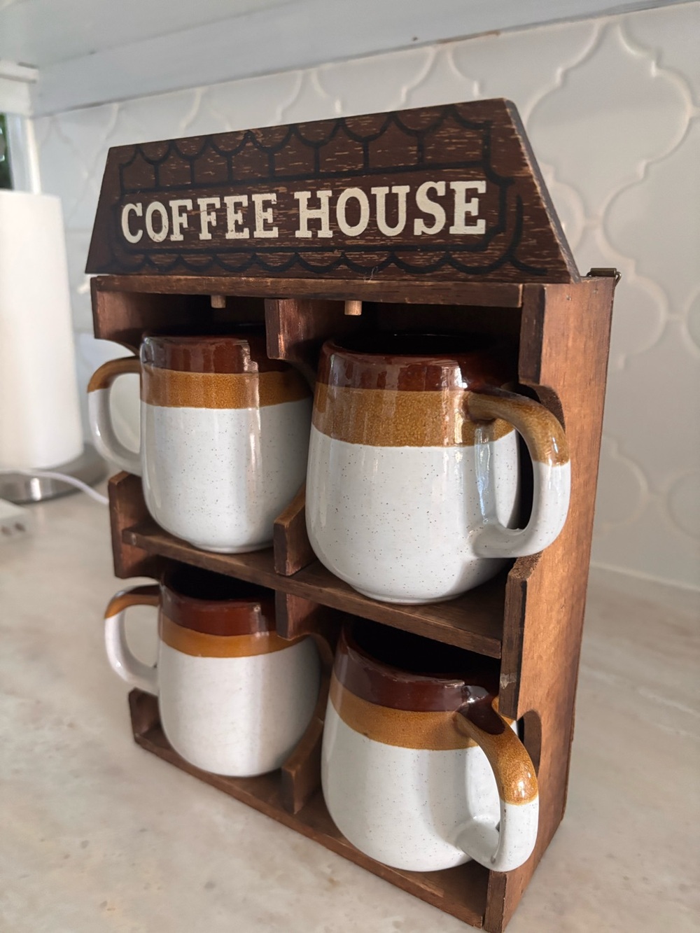 Coffee House Ceramic Mug Set with Wooden Rack - Brown & White